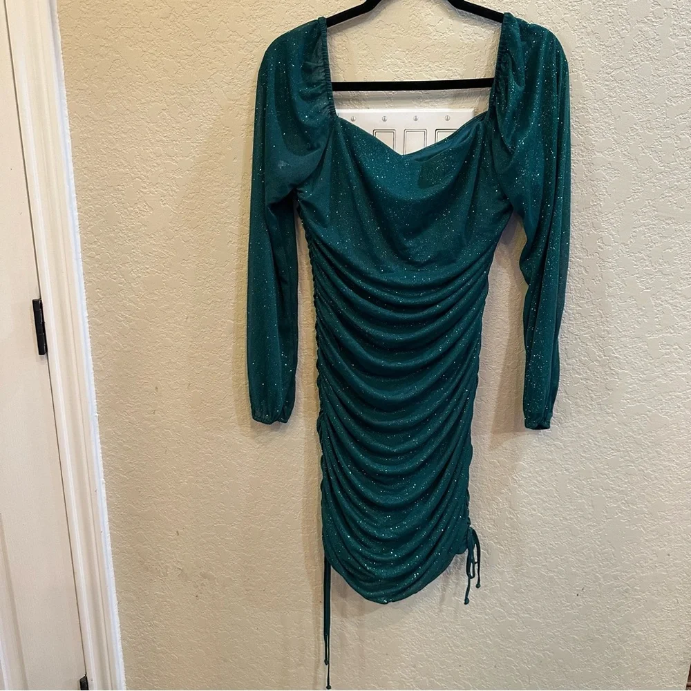 Jump Apparel XL Green Glitter Ruched Mesh Mini Bodycon Long Sleeve Holiday Dress - Picture 3 of 9